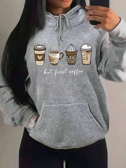 Damen Hoodie mit Kaffeebecher-Print "but first coffee" und Kängurutasche