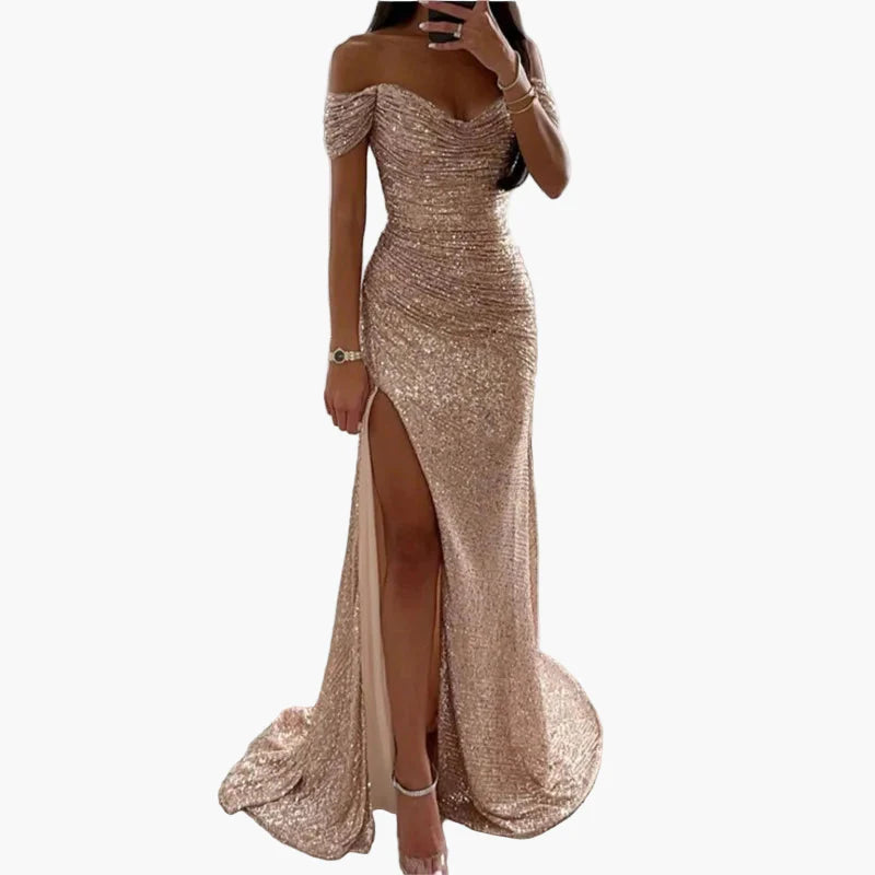 Vestido de noche elegante para mujer off-shoulder con abertura alta – Perfecto para ocasiones festivas y galas