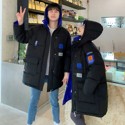 Unisex Winter Steppjacke mit Kapuze, Mittellang, Schwarz Blau