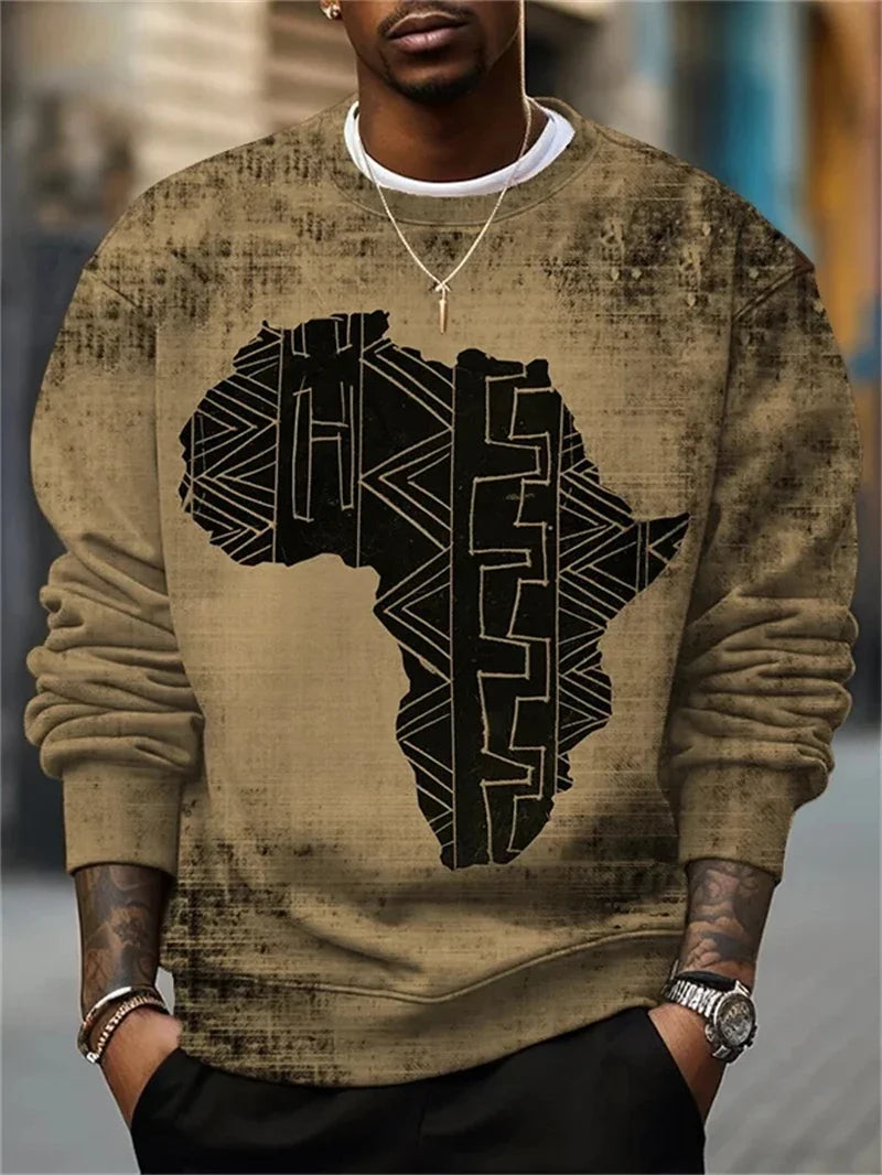 Unisex Sweatshirt mit Afrikakarten- und Augen-Print, Rundhals, Langarm