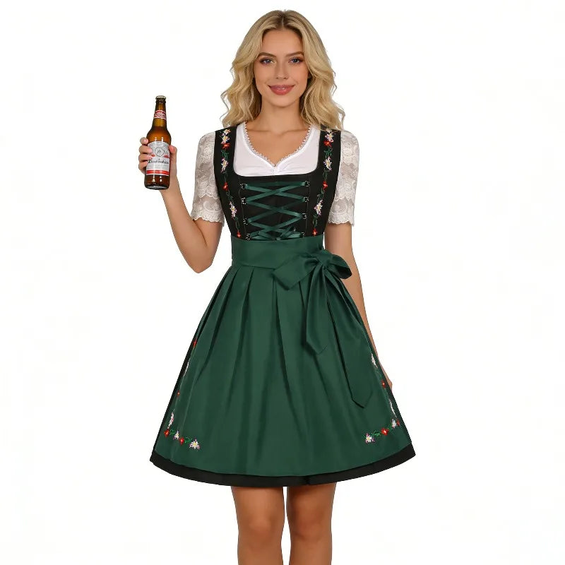 Damen Dirndl Kleid Grün Schwarz Trachtenkleid mit Stickerei und Bluse