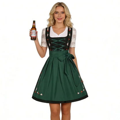 Damen Dirndl Kleid Grün Schwarz Trachtenkleid mit Stickerei und Bluse