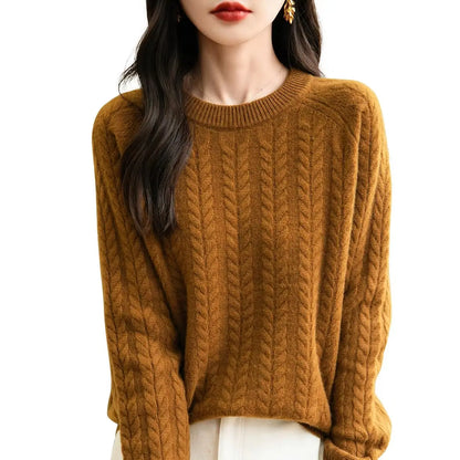 Maglione da donna con motivo a trecce, collo rotondo, maniche lunghe, lavorato a maglia