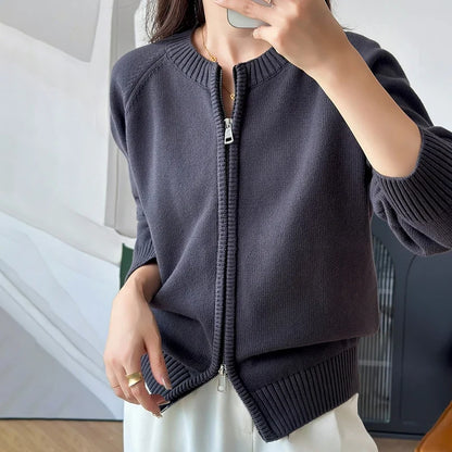 Gilet en maille pour femme avec fermeture éclair, col rond et manches longues