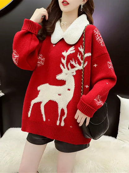 Pullover natalizio da donna con renna e fiocchi di neve, colletto con orsacchiotto, oversize, in maglia