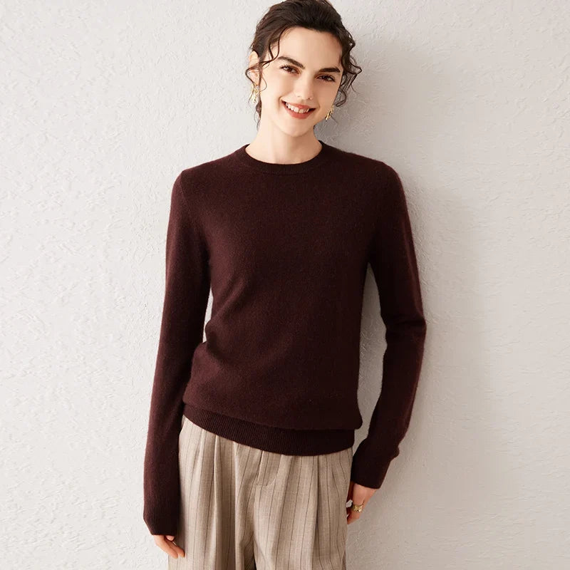 Pull femme à col rond et manches longues, maille fine, basique