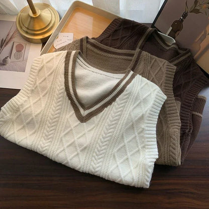 Strickpullunder Damen V-Ausschnitt Zopfmuster College-Stil