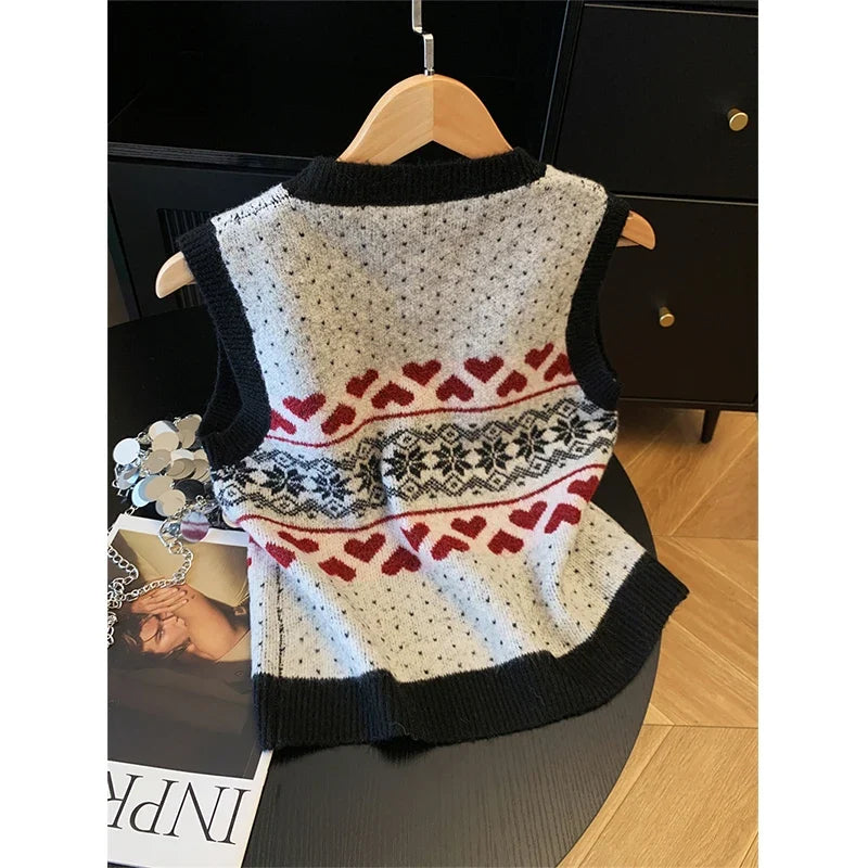 Damen Strickweste Jacquard Norweger-Muster Herz Schneeflocke Ärmellos Rundhals
