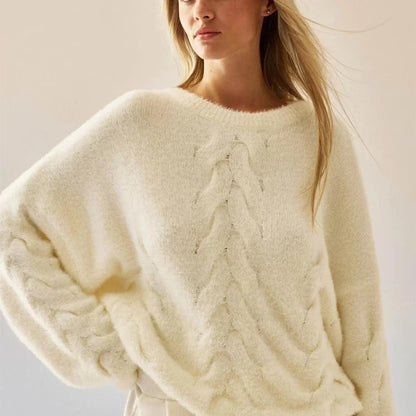 Pull pour femme à coupe ample, motif torsadé, texture duveteuse