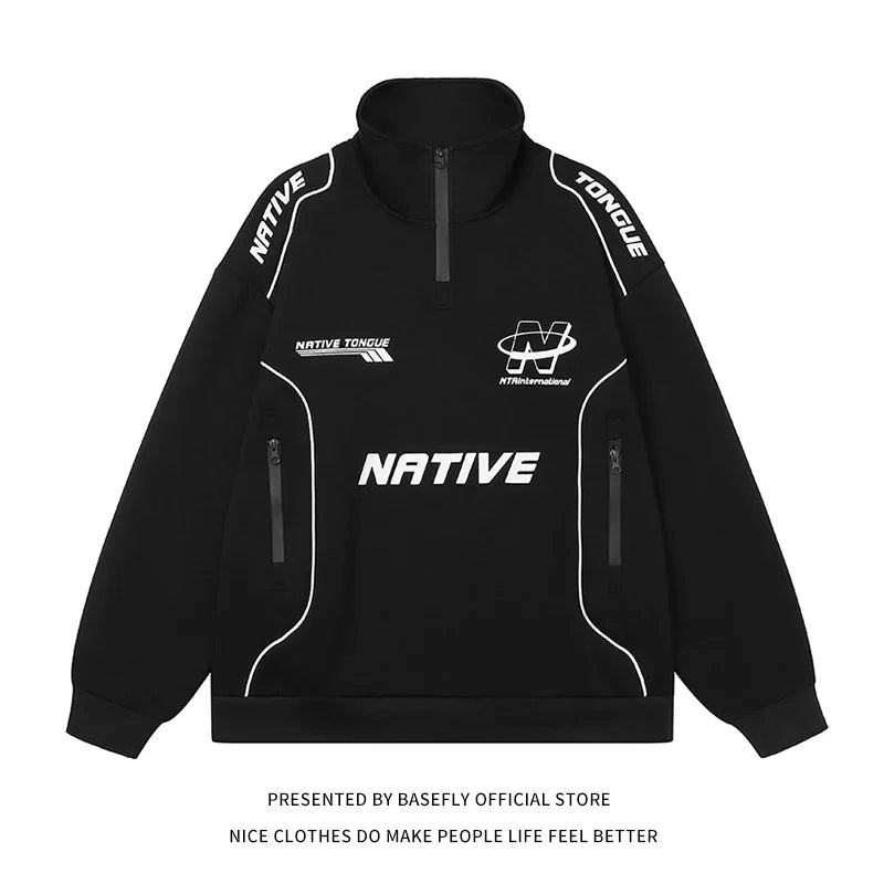Unisex Reißverschluss-Sweatshirt mit Stehkragen, zweifarbig, lockere Passform, Schwarz/Weiß