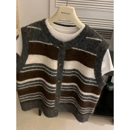 Gestreifte Strickweste Dunkelgrau Braun Weiß ärmellos Rundhals
