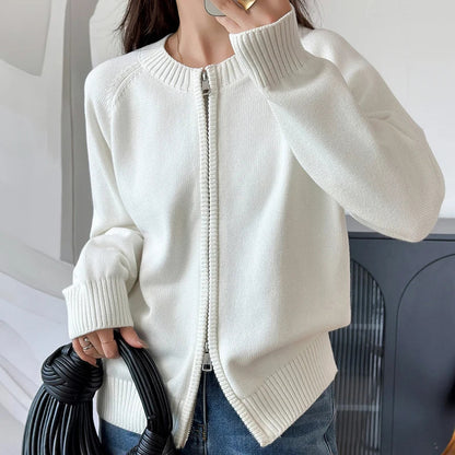 Gilet en maille pour femme avec fermeture éclair, col rond et manches longues