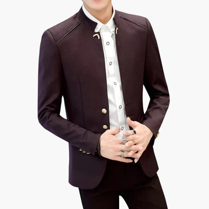 Męski blezer z kołnierzem stójką, nowoczesny, business casual, slim fit
