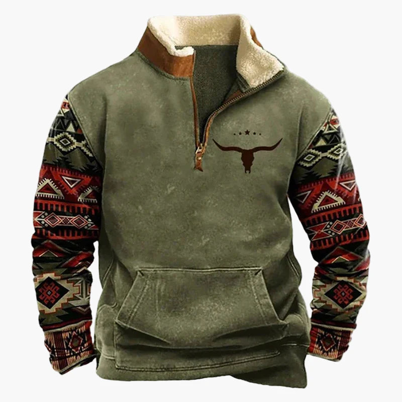 Herren Pullover im Western Ethno-Stil mit Viertelreißverschluss – Perfekt für Freizeit und Outdoor