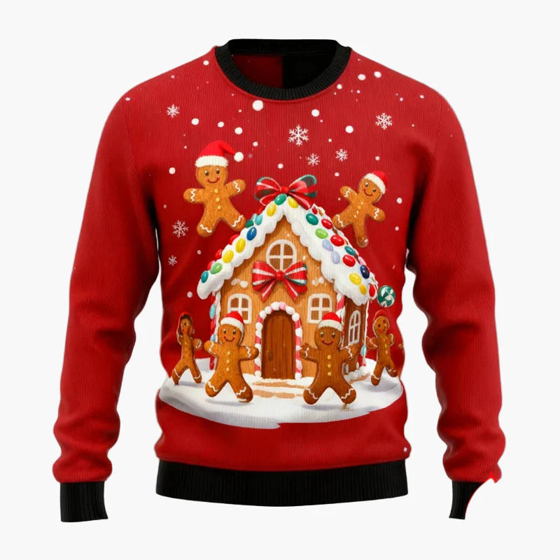 Pull de Noël pour homme avec bonhomme en pain d’épices, maison en pain d’épices et sapin – Pull moche festif et amusant