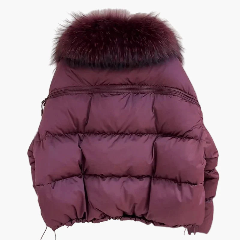 Giacca invernale imbottita da donna con cappuccio e lussuoso collo in pelliccia – giacca corta elegante per giornate fredde