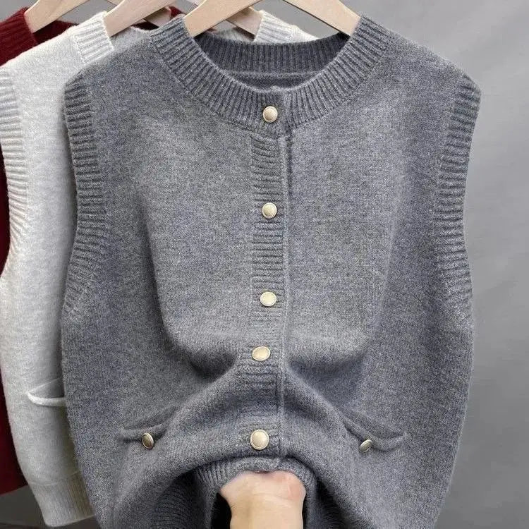 Damen Strickweste mit Rundhalsausschnitt und Knöpfen