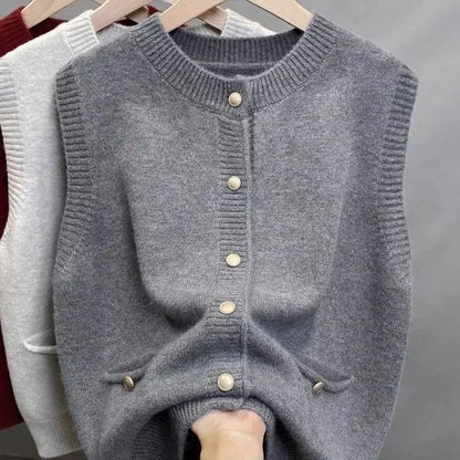 Damen Strickweste mit Rundhalsausschnitt und Knöpfen