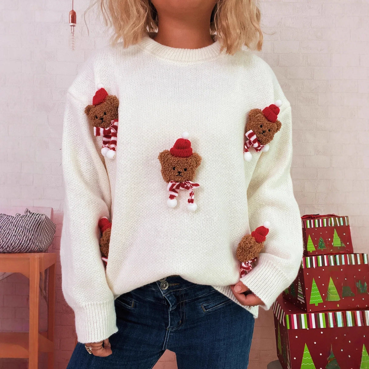 Weihnachtspullover mit Teddybär-Applikationen Rot Rundhalsausschnitt Damen