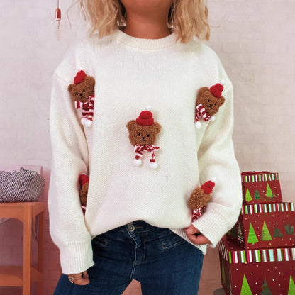 Weihnachtspullover mit Teddybär-Applikationen Rot Rundhalsausschnitt Damen