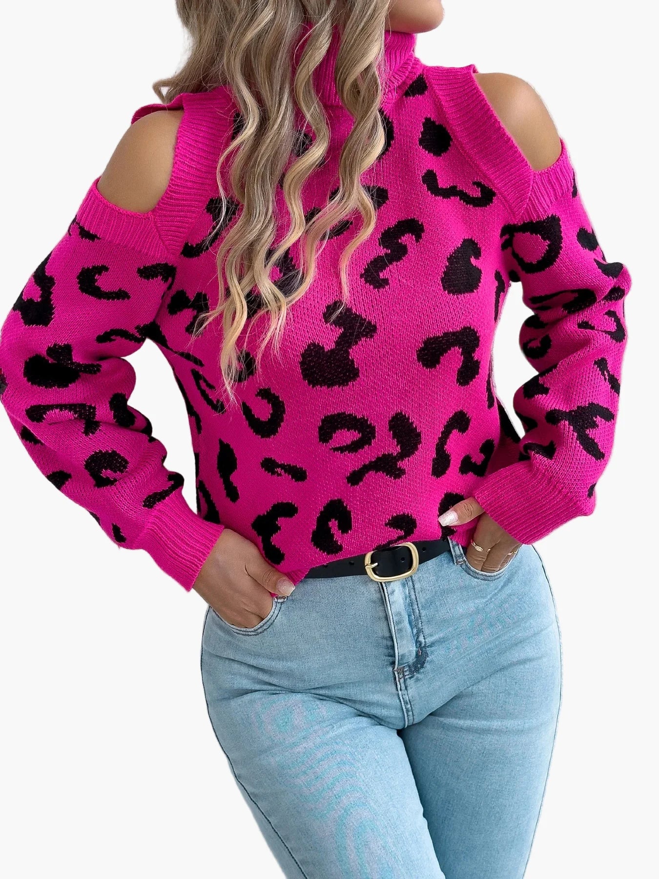 Dames Trui met cut-out schouders en luipaardprint – Trendy vrijetijdsgebreide trui