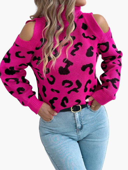 Dampullover med cut-out axlar och leopardmönster – Trendig fritidsstickad tröja