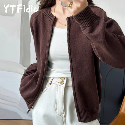 Gilet en maille pour femme avec fermeture éclair, col rond et manches longues