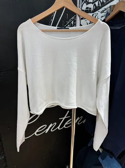 Damen Cropped Pullover Weit Geschnitten Langarm U-Boot-Ausschnitt
