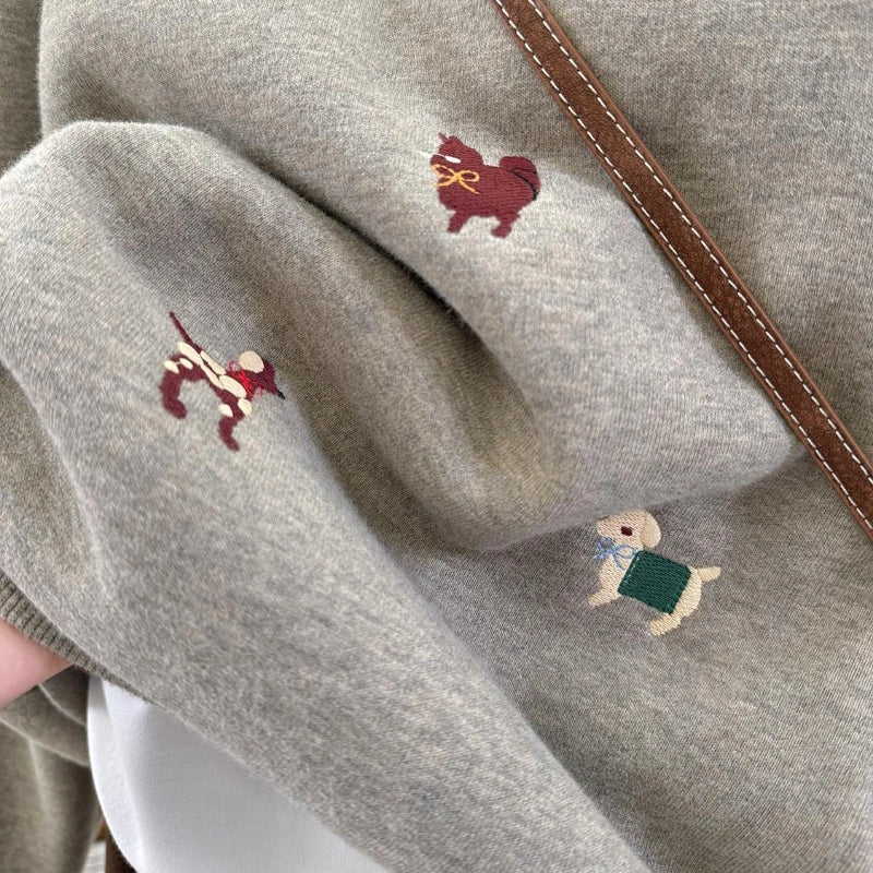 Sweat-shirt unisexe à col rond avec broderie de motifs de chiens