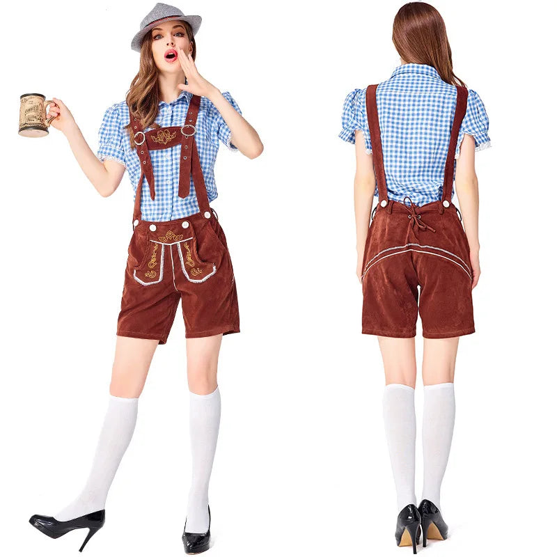 Costume da donna in stile dirndl con camicetta a quadri e pantaloncini con bretelle, vari colori