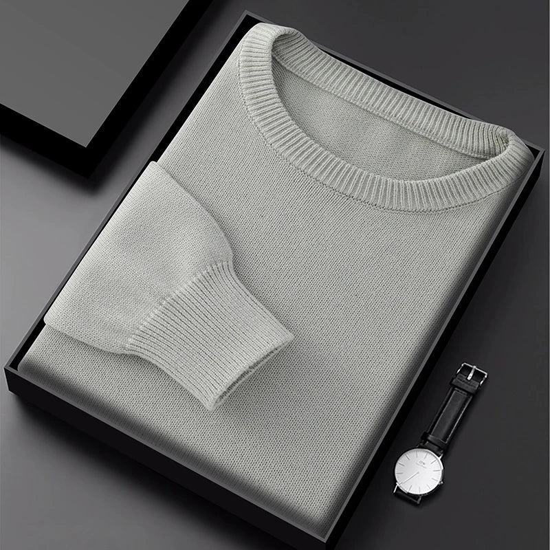 Pullover da uomo con scollo rotondo, in maglia, tinta unita, a maniche lunghe