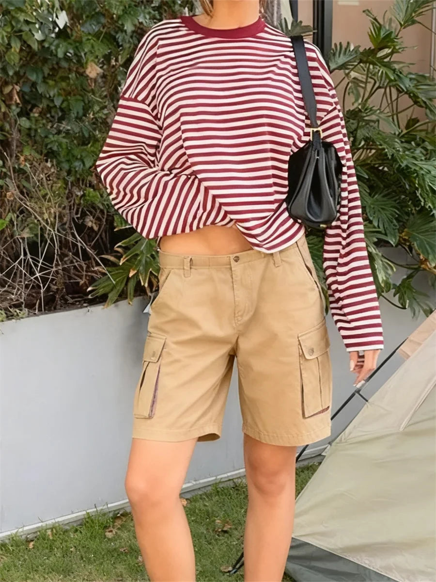 Haut rayé à manches longues pour femmes, col rond, crop top