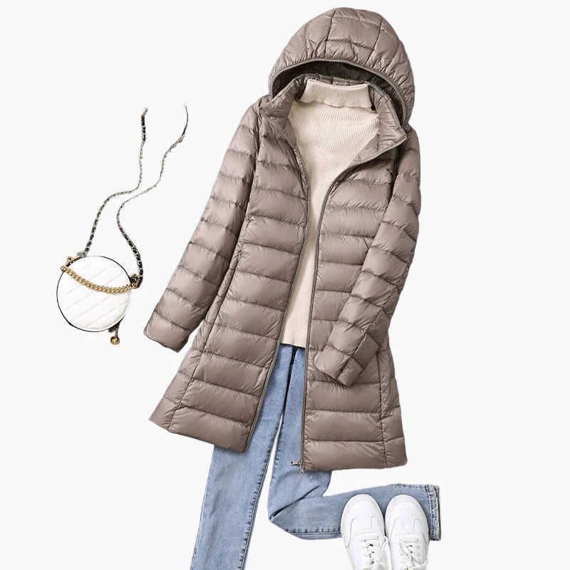 Dames winter gewatteerde mantel met capuchon – Stijlvolle lange outdoor puffer voor dagelijks en vrijetijd