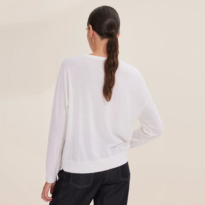 Maglia da donna a maniche lunghe con scollo rotondo e taschino sul petto, bianca