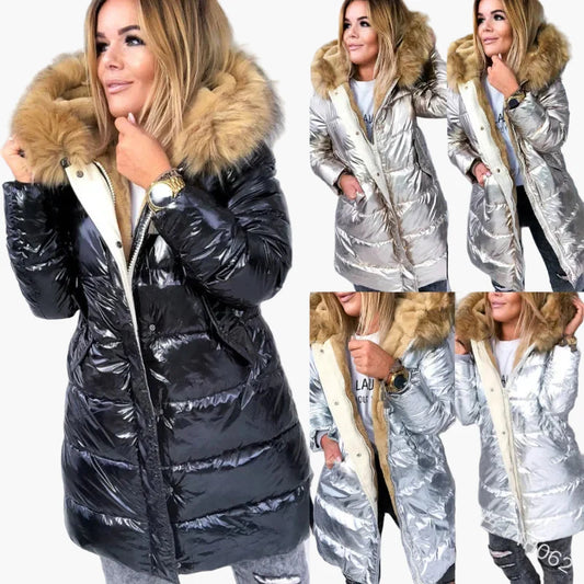 Dam vinter quiltad kappa med huva och pälskrage – Moderiktig, tjock parkas för vardag och fritid