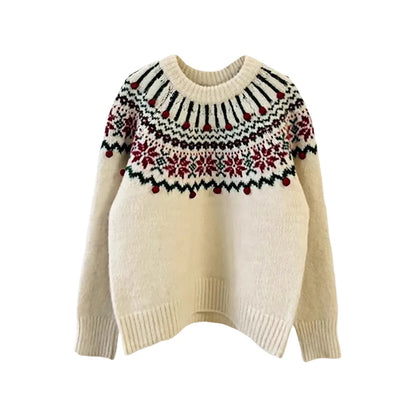 Pull pour femme en maille à motif Fair Isle, col rond, rouge et crème