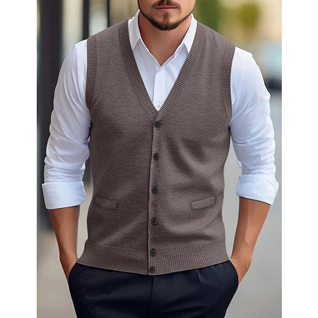 Gilet da uomo lavorato a maglia, con scollo a V, abbottonatura, grigio scuro e senza maniche