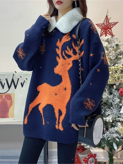 Pullover natalizio da donna con renna e fiocchi di neve, colletto con orsacchiotto, oversize, in maglia