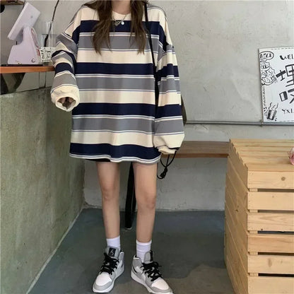 Gestreiftes Langarmshirt Damen Oversize Rundhals Mehrfarbig