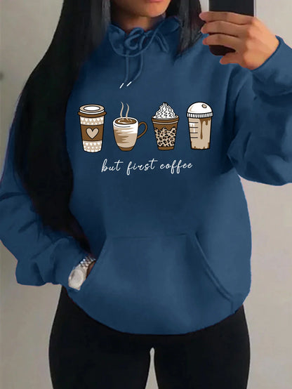 Damen Hoodie mit Kaffeebecher-Print "but first coffee" und Kängurutasche