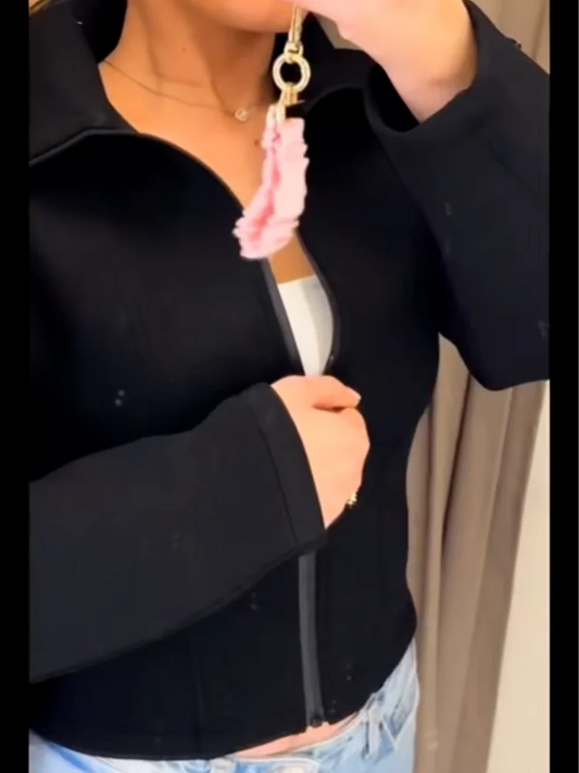 Veste de sport femme à fermeture éclair, col montant et coupe ajustée, noire et grise