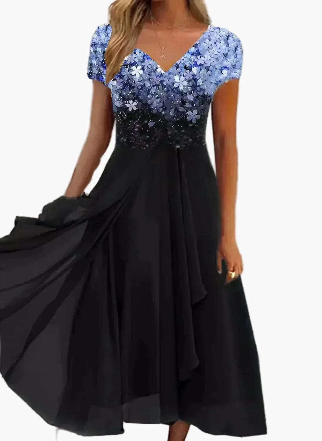 Vestido de noche elegante para mujer, línea A de chiffon, festivo con parte superior floral para ocasiones especiales