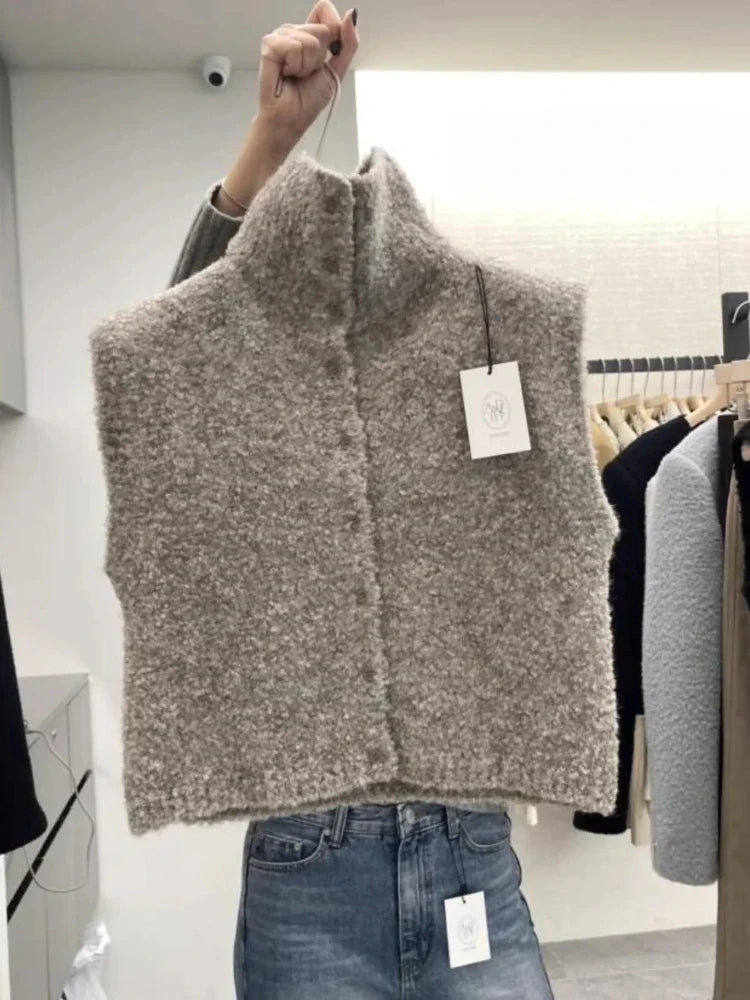 Damen Bouclé Strickweste hochgeschlossen ärmellos Knopfleiste