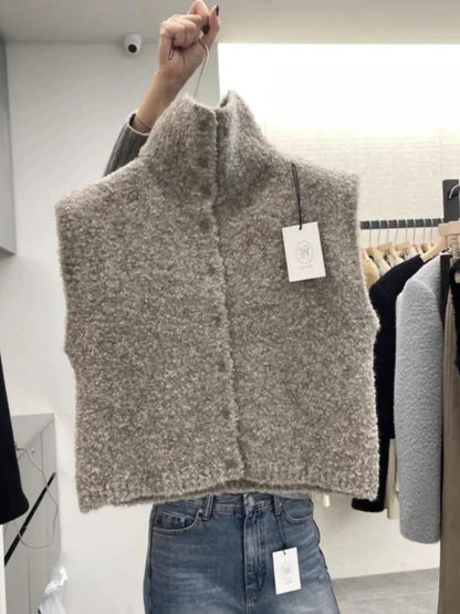 Damen Bouclé Strickweste hochgeschlossen ärmellos Knopfleiste