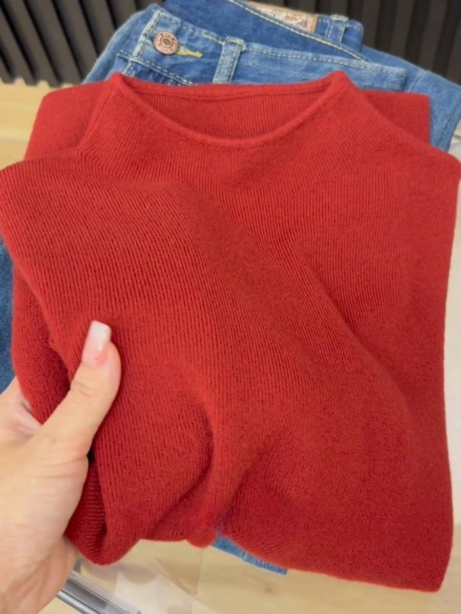 Damen Strickpullover Halbkragen Langarm Basic Feinstrick Top