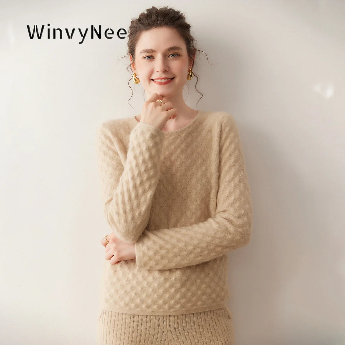 Damen Langarm Pullover mit Rundhalsausschnitt und Strukturmuster
