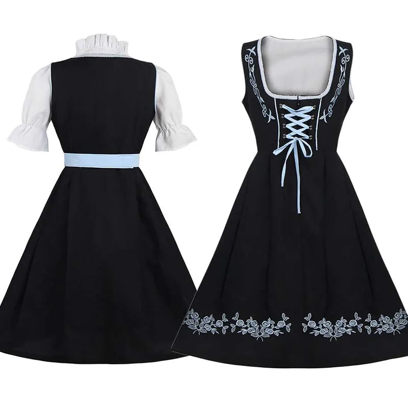 Robe traditionnelle dirndl pour femme avec tablier et blouse, noir et bleu avec broderies