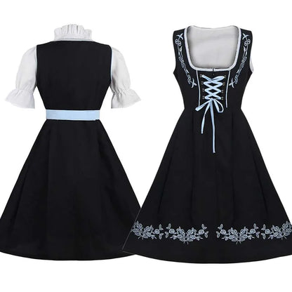 Robe traditionnelle dirndl pour femme avec tablier et blouse, noir et bleu avec broderies