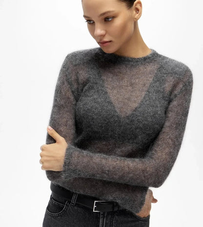 Durchsichtiger Pullover Damen Langarm Rundhals Grauer Strickpullover