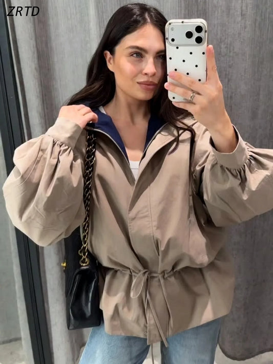 Damen Jacke mit Puffärmeln und Tunnelzug in Beige